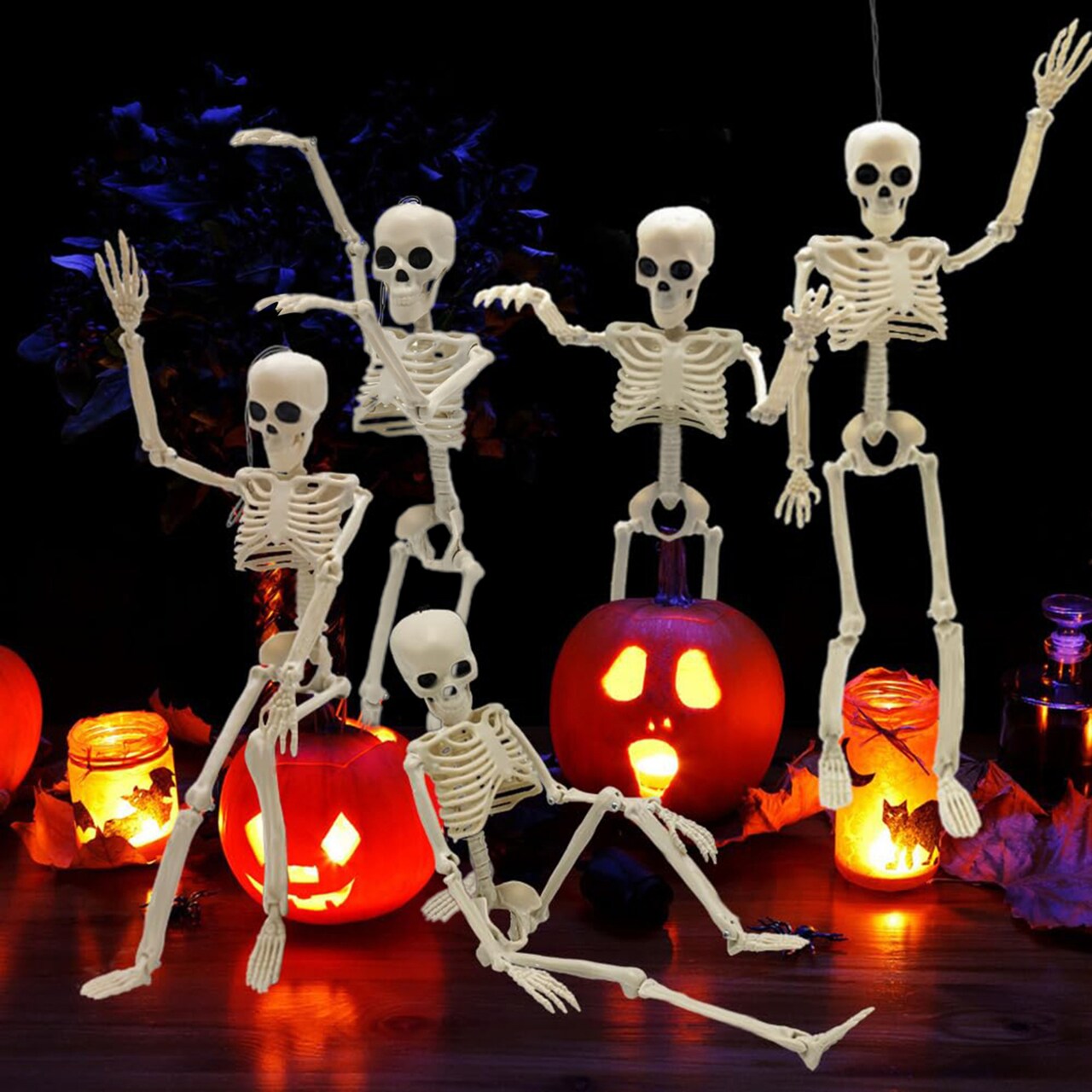 5Pcs Halloween Skeleton Decors 16" Full Body Mini Plastic Skeleton Figurine With Posable Joints For Halloween Party Yard